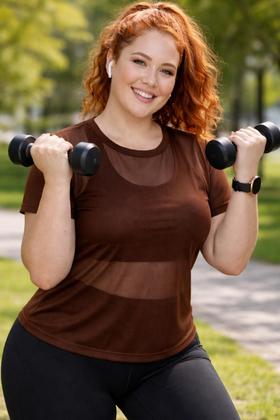 Imagem de Kit 2 Blusas Fitness de Tule Feminina Plus Size Sobreposição Treino Cor:Preto e MarromTamanho:G1Gênero:Feminino