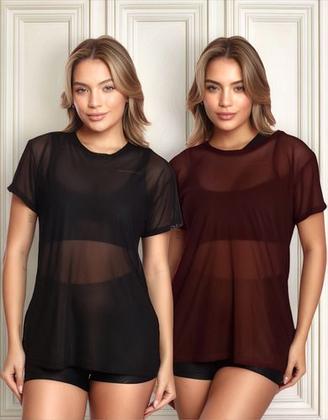 Imagem de Kit 2 Blusas Manga Curta Tule Transparente Fitness Academia