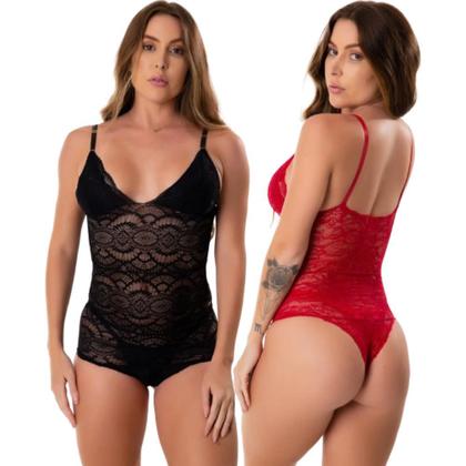 Imagem de Kit 2 Body Rendado Feminino Decotado Costa Nua Lingerie Moda Íntima Transparente Sensual Uma Alça