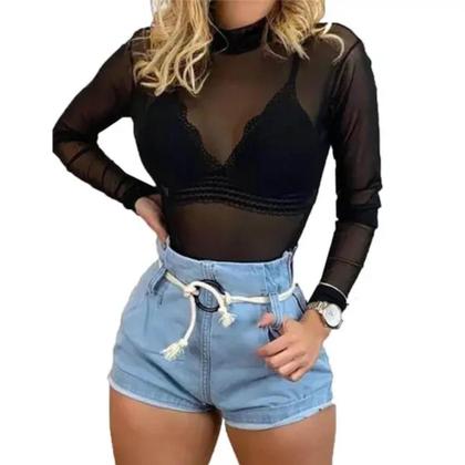 Imagem de Kit 2 Body Tule Liso Sexy Bory Blusa Feminina Bori Manga Longa Transparente