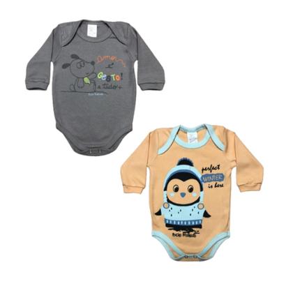 Imagem de KIT 2 Bodys Manga Longa Estampado Bebê Bicho Molhado REF:9022