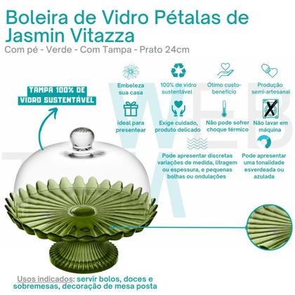 Imagem de Kit 2 Boleiras de Vidro com Pé e Tampa Pétalas de Jasmin 24cm Verde Vitazza Prato para Bolo Doce Decoração de Festas Mesa Posta Elegante Sustentável