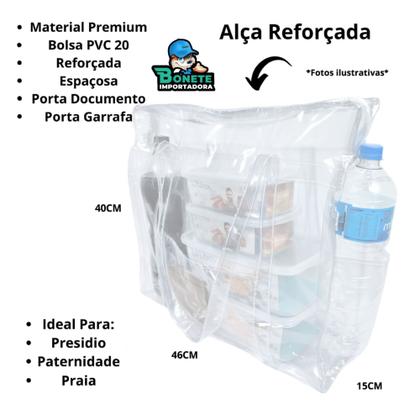 Imagem de Kit 2 Bolsas Transparentes PVC 46x40x15cm Reforçadas Zíper Alça Dupla Porta Garrafa Documento