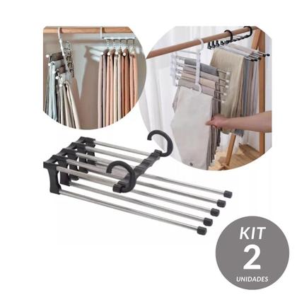 Imagem de Kit 2 Cabide Calças Retrátil Inox - 5 Divisórias para Melhor Organizar