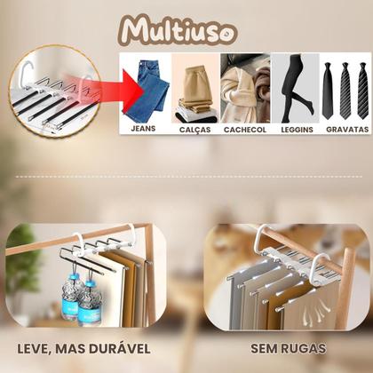 Imagem de Kit 2 Cabide Multiuso Para Calças Organizador Em Aço Inox 5 Divisórias