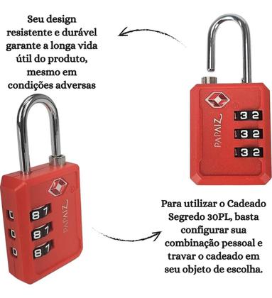 Imagem de Kit 2 Cadeados 30pl Papaiz Com 3 Dígitos Secretos Tsa Zamac Vermelho