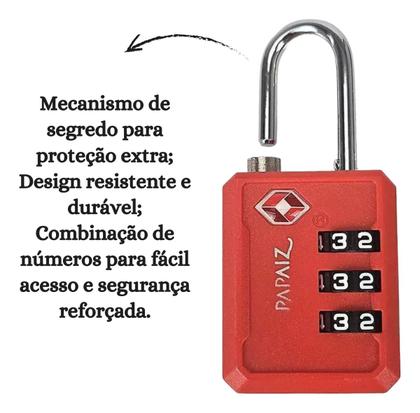 Imagem de Kit 2 Cadeados 30pl Papaiz Com 3 Dígitos Secretos Tsa Zamac Vermelho