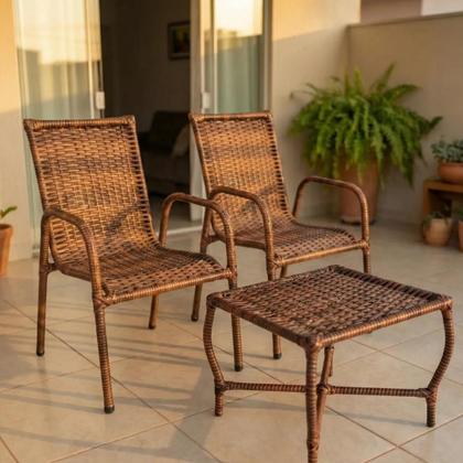 Imagem de Kit 2 Cadeira com Mesa de Centro Fibra Sintética Junco Vime para Jardim Varanda Sacada Apartamento Area de Lazer -