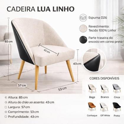 Imagem de Kit 2 Cadeira Decorativa Lua para Sala de Estar ou Recepção Tecido Linho com Encosto material sintético Preto Cor:Cinza