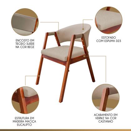 Imagem de Kit 2 Cadeira Poltrona para Sala de Jantar Ravena em Madeira Castanho Suede Bege CCS