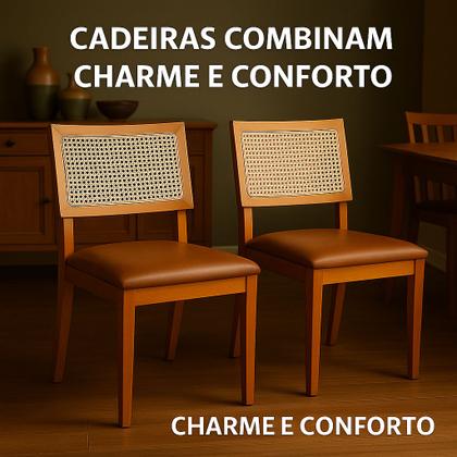 Imagem de Kit 2 Cadeiras de Jantar Madeira Maciça Estofadas Couro com Tela Sextavada Premiere