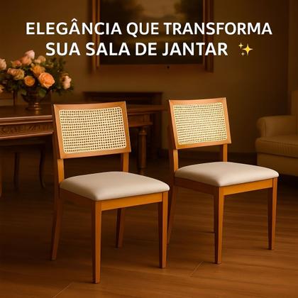 Imagem de Kit 2 Cadeiras de Jantar Madeira Maciça Estofadas Linho Bege com Tela Sextavada Premiere