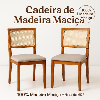 Imagem de Kit 2 Cadeiras de Jantar Madeira Maciça Estofadas Linho Bege com Tela Sextavada Premiere
