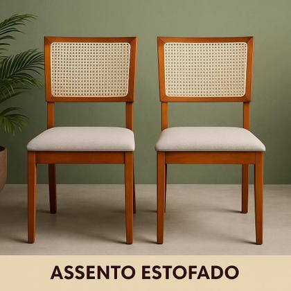 Imagem de Kit 2 Cadeiras de Jantar Madeira Maciça Estofadas Linho Bege com Tela Sextavada Premiere