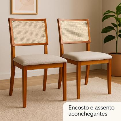 Imagem de Kit 2 Cadeiras de Jantar Madeira Maciça Estofadas Linho Bege com Tela Sextavada Premiere