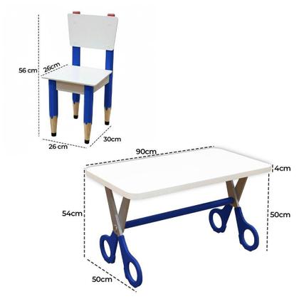 Imagem de Kit 2 Cadeiras E Mesa Infantil Tesoura Azul Tampo Branco Retangular Base Temática Para Estudos E Desenhos Mobília Decor