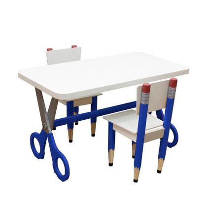 Imagem de Kit 2 Cadeiras E Mesa Infantil Tesoura Azul Tampo Branco Retangular Base Temática Para Estudos E Desenhos Mobília Decor