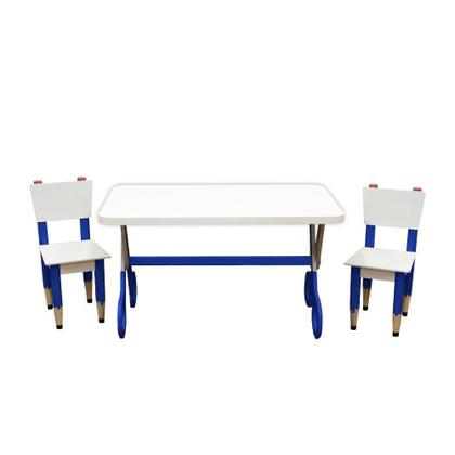 Imagem de Kit 2 Cadeiras E Mesa Infantil Tesoura Azul Tampo Branco Retangular Base Temática Para Estudos E Desenhos Mobília Decor
