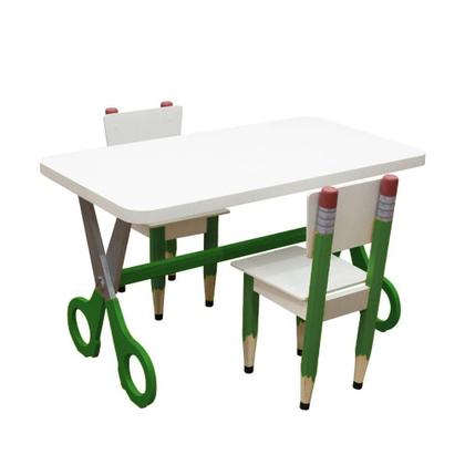 Imagem de Kit 2 Cadeiras Mesa Infantil Tesoura Verde Tampo Branco Retangular Base Temática Para Estudos E Desenhos Mobília Decor