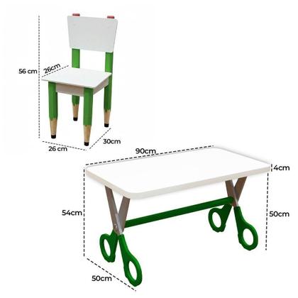 Imagem de Kit 2 Cadeiras Mesa Infantil Tesoura Verde Tampo Branco Retangular Base Temática Para Estudos E Desenhos Mobília Decor