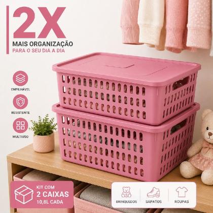 Imagem de Kit 2 caixa organizadora grande infantil com tampa empilhavel cesto rosa vazado multiuso armario guarda roupas porta sap
