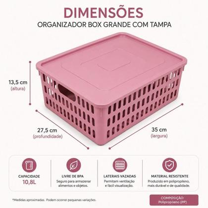 Imagem de Kit 2 caixa organizadora grande infantil com tampa empilhavel cesto rosa vazado multiuso armario guarda roupas porta sap