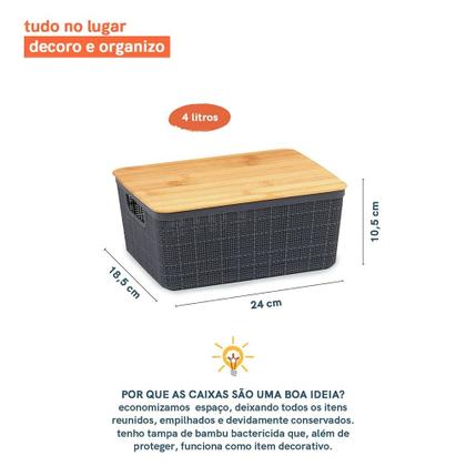 Imagem de Kit 2 Caixas 4 L Oikos Multiuso Organizadora Tampa De Bambu