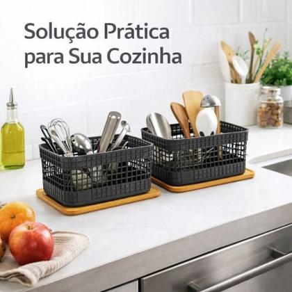 Imagem de Kit 2 Caixas Cestos Organizador Tampa Bambu 2,5 L Cinza OU Cor:Preto