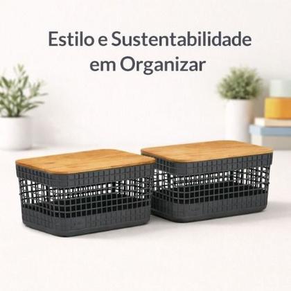 Imagem de Kit 2 Caixas Cestos Organizador Tampa Bambu 2,5 L Cinza OU Cor:Preto