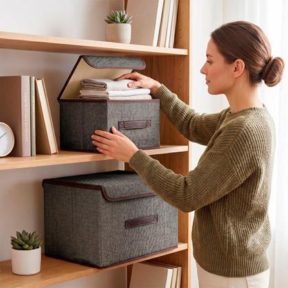 Imagem de Kit 2 Caixas Organizadoras Com Tampa 19/8 Litros Dobrável Cesto Multiuso Quarto Banheiro