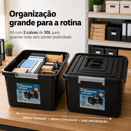 Imagem de Kit 2 Caixas Organizadoras Multiuso Pretas 30L com Tampa e Trava Arqplast