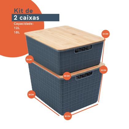 Imagem de Kit 2 caixas organizadoras tampa bambu 12l/18l cinza  Oikos