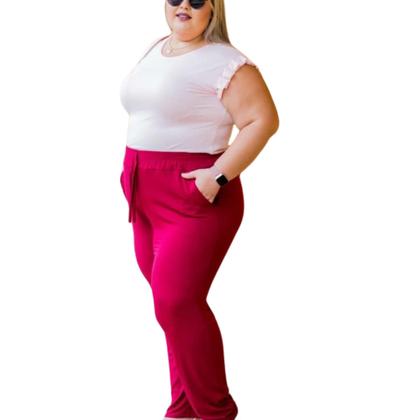 Imagem de Kit 2 Calça Feminina Senhora Plus Cores Lisa Malha Visco lycra Soltinha Bolso