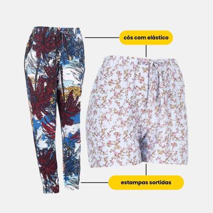 Imagem de Kit 2 Calças E 2 Shorts Liganete Estampado Feminino Cós Alto