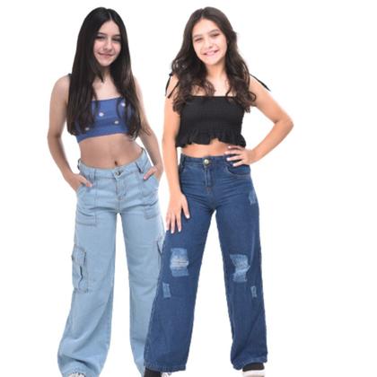 Imagem de kit 2 calças jeans feminina cargo 2 bolsos laterais pantalona wide leg estilosa modinha do 10 ao 16