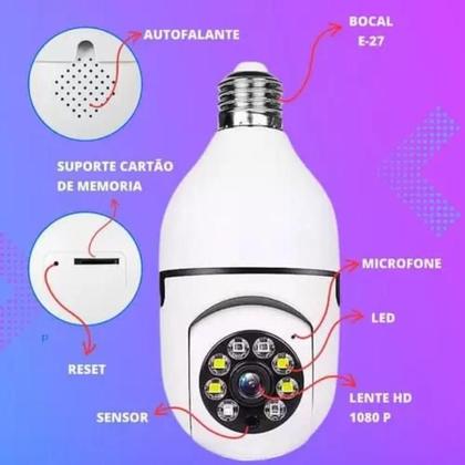 Imagem de Kit 2 Câmera De Segurança Lâmpada Wifi Prova Dagua Infravermelho Interna Externa Cor Branco - Camera, Giratória, 360