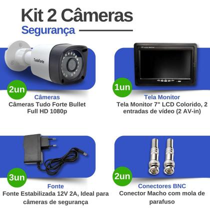 Imagem de Kit 2 Câmeras Bullet Tudo Forte TF 2020 B Full HD 1080p Visão Noturna 20M Proteção IP66 + Tela Monitor 7 polegadas LCD Colorido + Acessórios