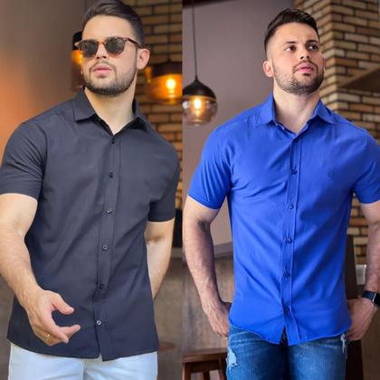 Imagem de Kit 2 Camisa Social Masculina Manga Curta De Botão Slim Linha Premium Casual Lisa Não Amassa Envio Imediato Moda Premium