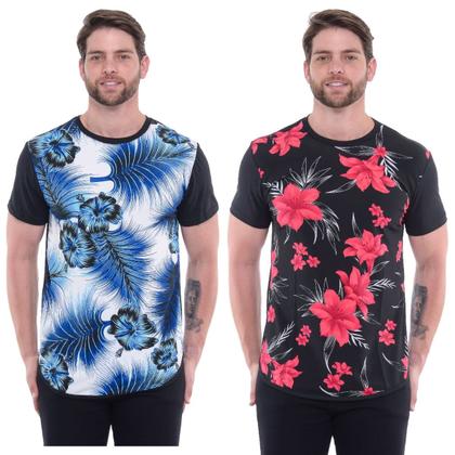 Imagem de Kit 2 Camiseta Masculina Estamapada Floral Long Line Oversized Moda Blogueiro