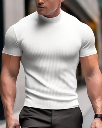 Imagem de Kit 2 Camisetas Masculina Slim Canelada Gola Alta Manga Curta