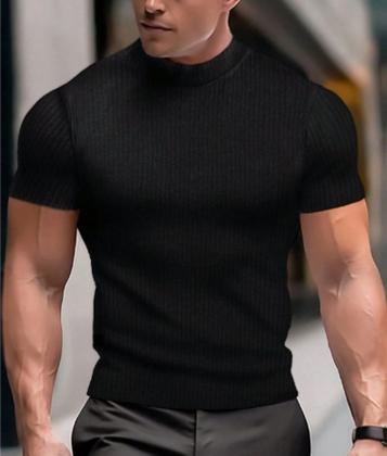 Imagem de Kit 2 Camisetas Masculina Slim Canelada Gola Alta Manga Curta