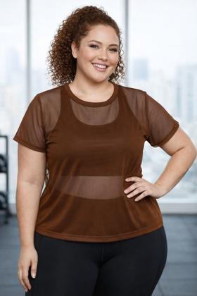 Imagem de Kit 2 Camisetas Tule Feminina Plus Size Transparente Treino Cor:Preto e MarromTamanho:G1Gênero:Feminino