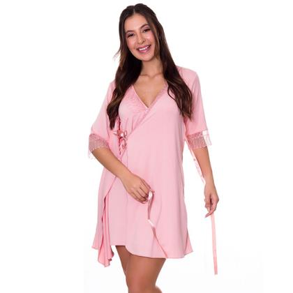 Imagem de KIT 2 Camisolas Amamentação com Robe Lingerie Maternidade Gestante Amamentar Moda de Baixo - Rosê + Branca - V101