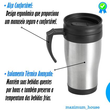 Kit 2 Caneca Termica Para Cafe Com Alça Inox Com Tampa Parede Dupla Cerveja 400ml - Bene Casa Imagem de Kit 2 Caneca Termica Para Cafe Com Alça Inox Com Tampa Parede Dupla Cerveja 400ml
