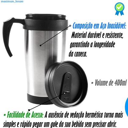 Kit 2 Caneca Termica Para Cafe Com Alça Inox Com Tampa Parede Dupla Cerveja 400ml - Bene Casa Imagem de Kit 2 Caneca Termica Para Cafe Com Alça Inox Com Tampa Parede Dupla Cerveja 400ml