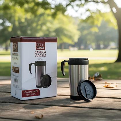 Imagem de Kit 2 Caneca Termica Para Cafe Com Alça Inox Com Tampa Parede Dupla Cerveja 400ml