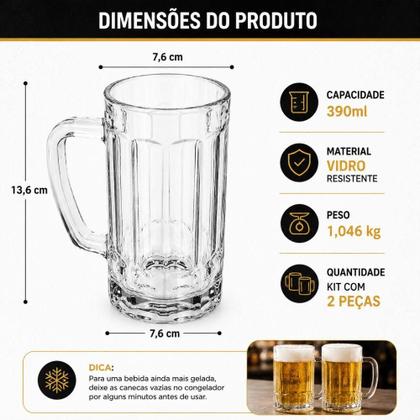 Imagem de Kit 2 canecas chopp vidro grosso 390ml copo cerveja grande jogo madrid bar gourmet alca reforcada transparente resistent