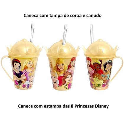 Imagem de Kit 2 Canecas Infantil das Princesas Disney Dourada Xícara para Meninas 360ml