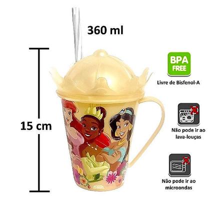 Imagem de Kit 2 Canecas Infantil das Princesas Disney Dourada Xícara para Meninas 360ml