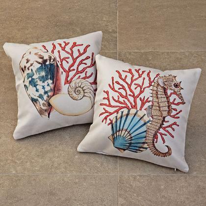 Imagem de Kit 2 Capa Almofada Linho Colorida Concha Estrela Alga 43x43